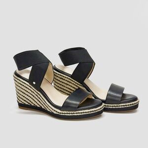 COLE HAAN Cloudfeel Espadrille Black Leather Elastic Wedge Heel Sandals Size 6